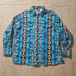 VTG Wrangler Shirt Mens XXL Blue Teal Pearl Snap Aztec Southwestern Western 90s